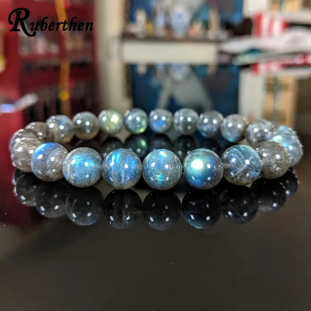 Ruberthen Bracciale in labradorite naturale da 10 mm di grado AA naturale per uomo, gioielli fatti a mano con pietre preziose autentiche in rilievo energetico 240315