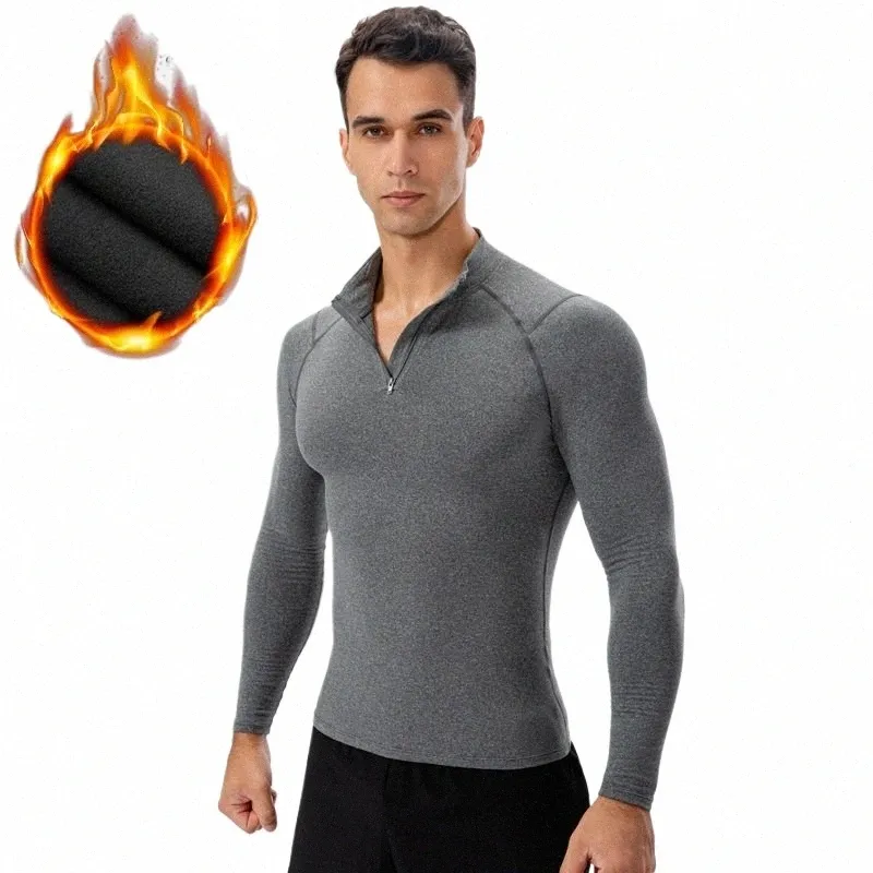 LG manga t camisa para homens elástico apertado fino velo inverno roupas térmicas fitn camisetas com zíper pescoço h2bd #