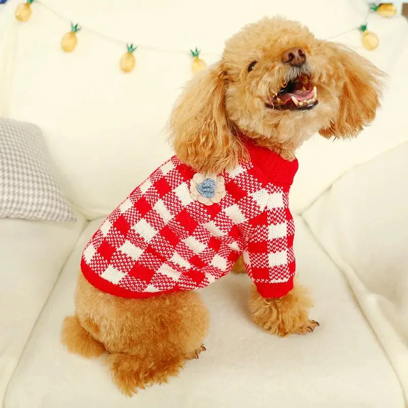 Köpek Giyim Yumuşak Sıcak Noel Çiçek Kazak Kırmızı Sarı Pamuklu Ekose Örgü Sweaters Pet Cat Puppy Chihuahua Pug için Kış Giysileri