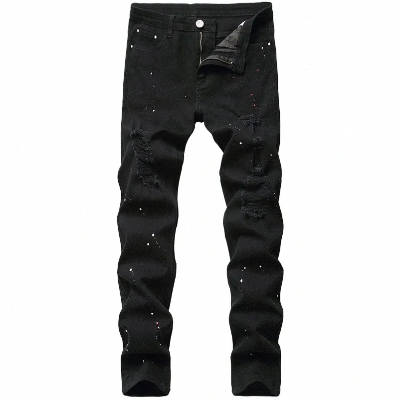 Denim Jeans Hole Design Fi Lacquer Foot Casual Pants Stretch Regular Fit Black LG Hip Hop Men's New Four Seas Plus Size M95B#