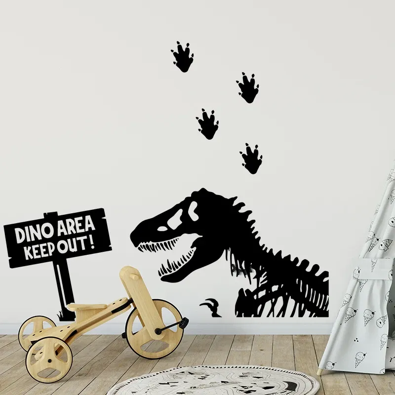 Adesivi Cartoon Dinosauro Scheletro Impronte Adesivo da parete Citazione divertente Animale Dino Adesivo da parete Camera dei bambini Camera da letto Vinile Deco