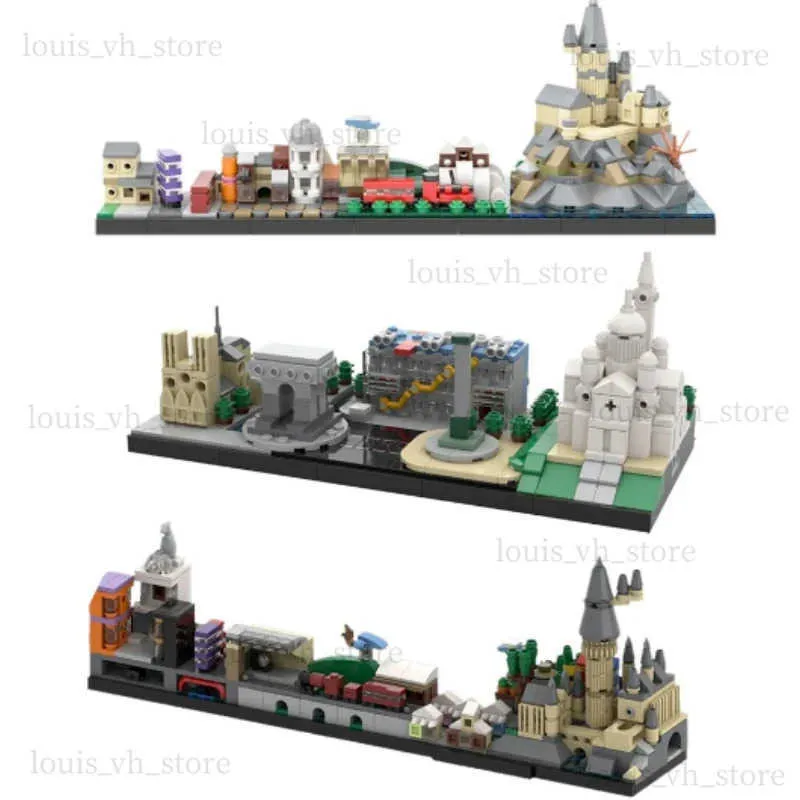 Blokkeert beroemde films Skyline Architecture Building Block Kit Skyline -gebouwen terug naar het toekomstige Fairy Tale Magic Castle House Toys T240325