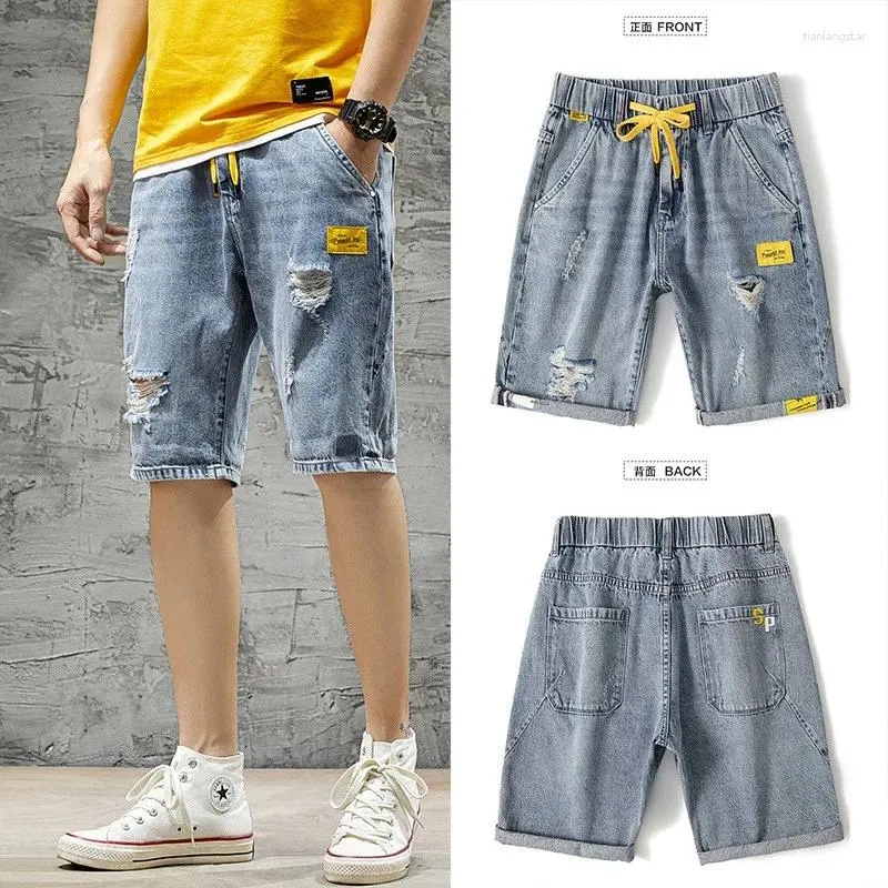 Jeans pour hommes Summer Beach Casual Hommes Shorts Droite Ripped Genou Longueur Denim Cordon Lâche Trou Mâle Court