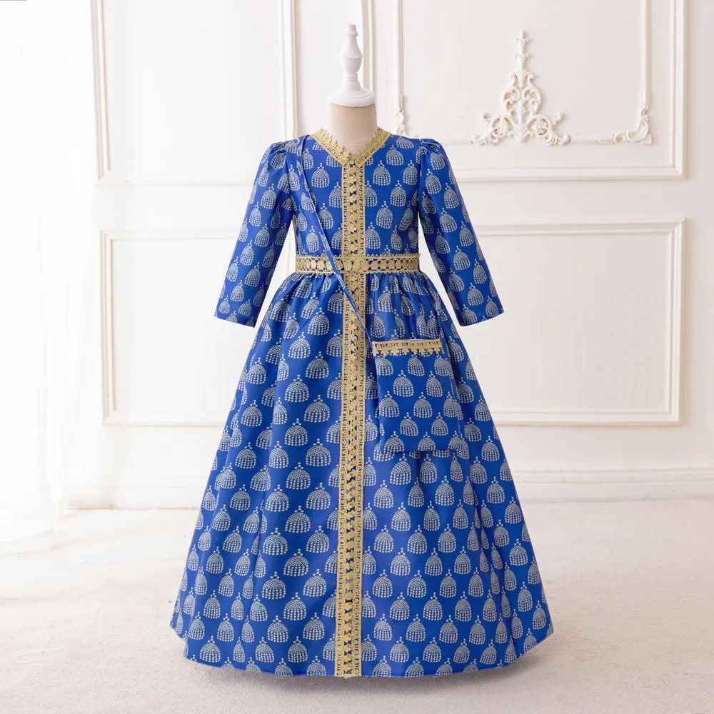 Robes de concours de beauté pour filles à manches longues et col en V bleu musulman Robes de demoiselle d'honneur Robes d'anniversaire/de fête pour filles Jupes de tous les jours Vêtements pour enfants SZ 2-10 D326170