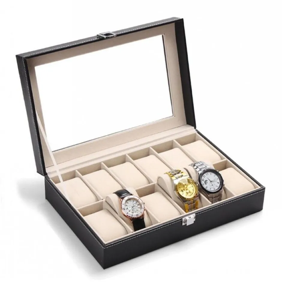 Boîtier de montre en Faux cuir 12 grilles, présentoir de bijoux, boîte de rangement, organisateur, boîte de montre de grande capacité, haute qualité 320J