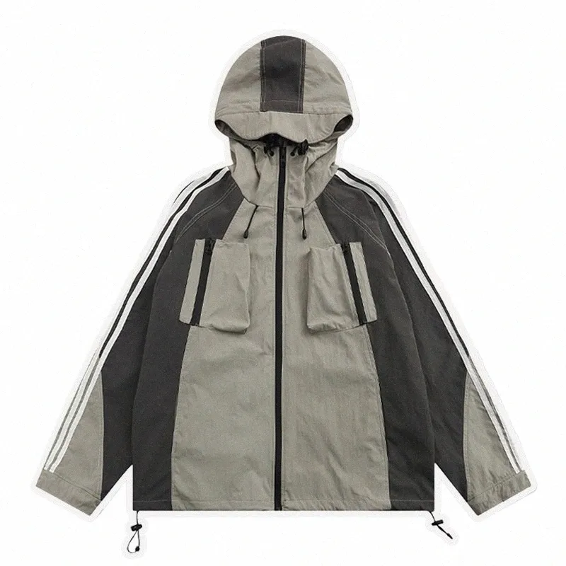 Vestes à capuche Hommes Femmes Gorpcore À Capuchon Patchwork Cargo Manteaux Lâche High Street Couple Veste Y2k Coupe-Vent Imperméable 2023 44D9 #