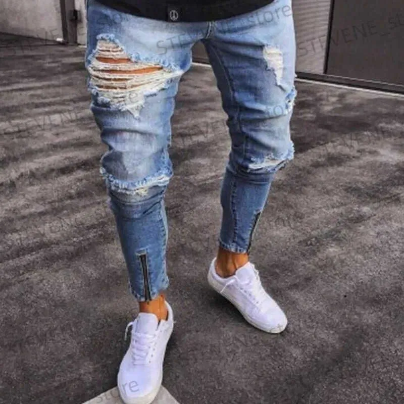 Men's Jeans 2022 New Skinny Jeans Light Blue Black Ripped Stretch Mens Pencil Pants Premium Brand Ropa Hombre S-XXXL Trousers Men T240326