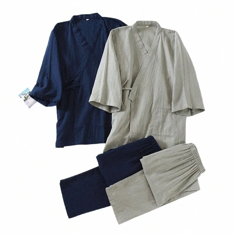 Mens Cott Pajamas Japońskie Kimo Yukata Sets Cardigan Sleep Firce Stripe Lato Lato Lato Yukata Fi Pajamas I9zg#