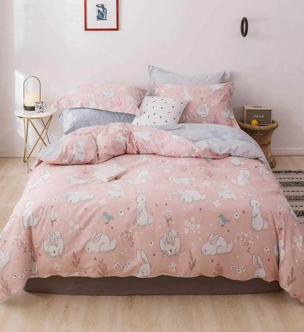 Lapin blanc lapin rose housse de couette ensemble linge de lit en coton double reine roi drap plat drap housse literie T2004141284806