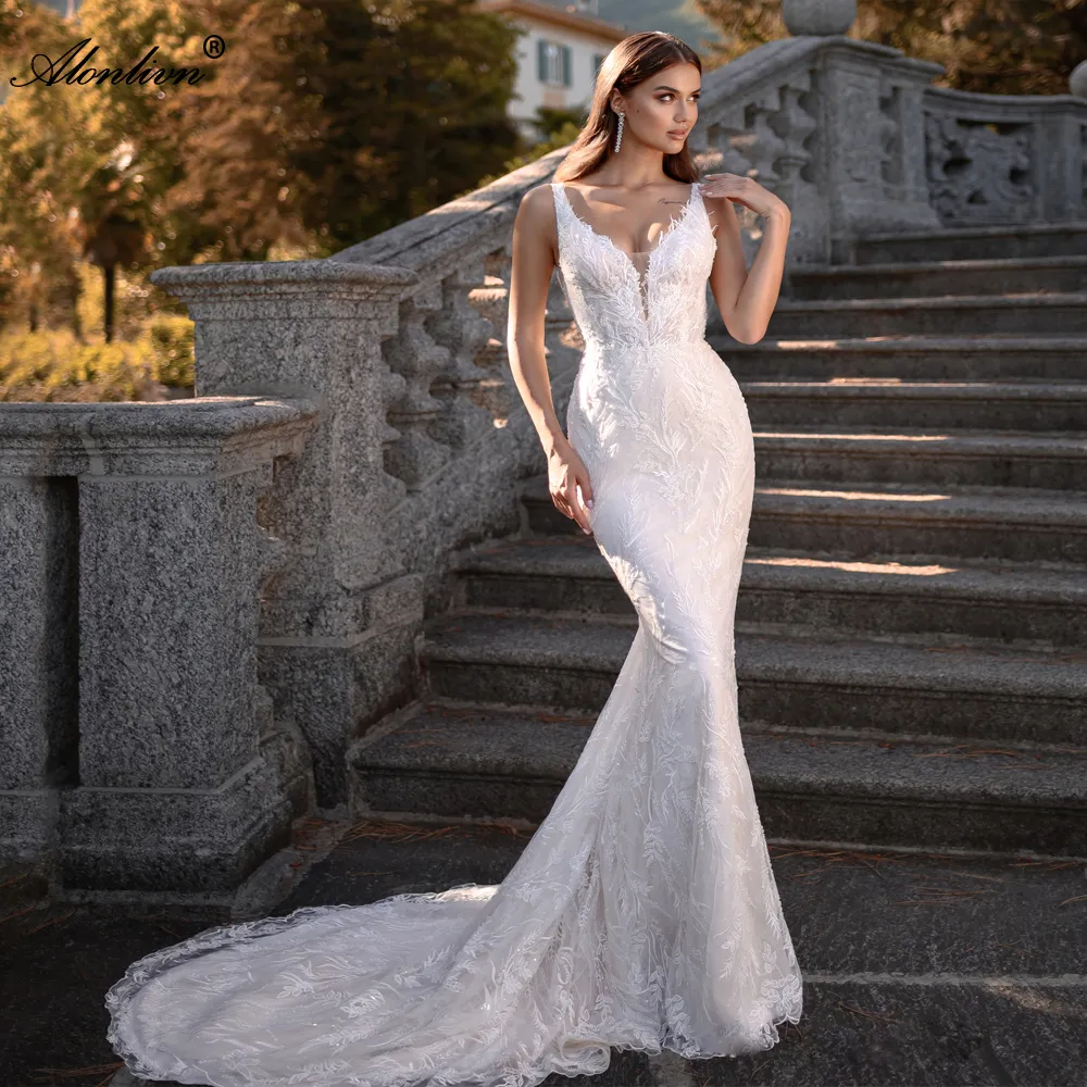 V-Neck mermaid type wedding dress with Beauty Appliques, Lace Spaghetti Straps, Sweep Train, Beading, Pearls, and Trumpet - Sleeveless and V-Backless V-Neck mermaid type wedding dress with Beauty Appliques, Lace Spaghetti Straps, Sweep Train, Beading, Pearls, and Trumpet - Sleeveless and V-Backless