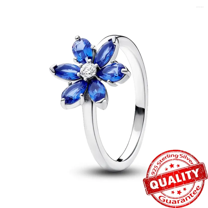 Cluster-Ringe, wunderschöner blauer, funkelnder Herbarium-Ring aus 925er-Sterlingsilber für Damen, attraktive Blumenform, Party-Schmuckzubehör