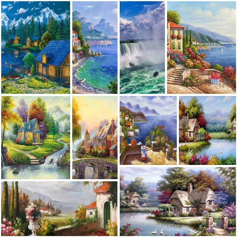 Number Acrylic Paints Coloring By Numbers on Chemical Fiber Cloth Diy Handmade Landscape Seascape Painting for Living Room Home Decor