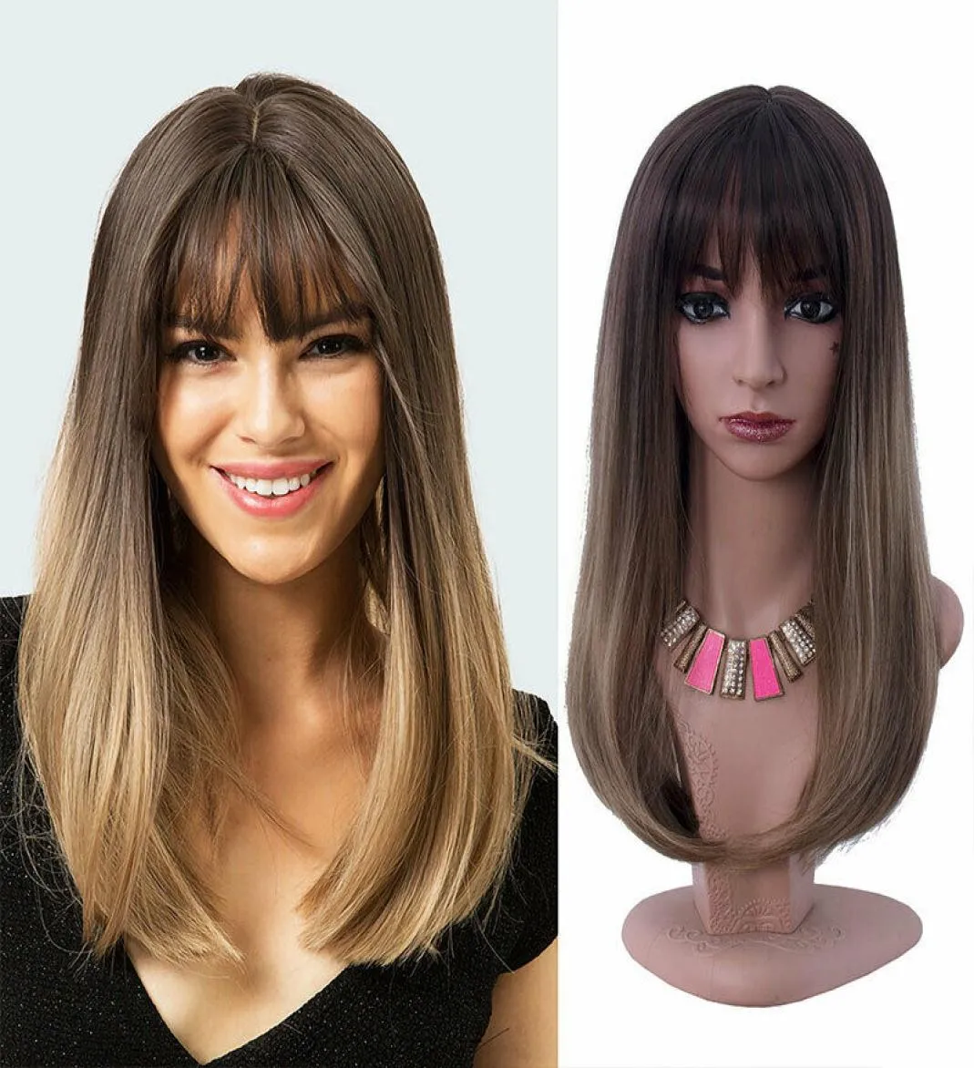 Pelucas de cabello natural liso y largo medio con flequillo, pelucas de Cosplay de color marrón degradado para mujer US3663263