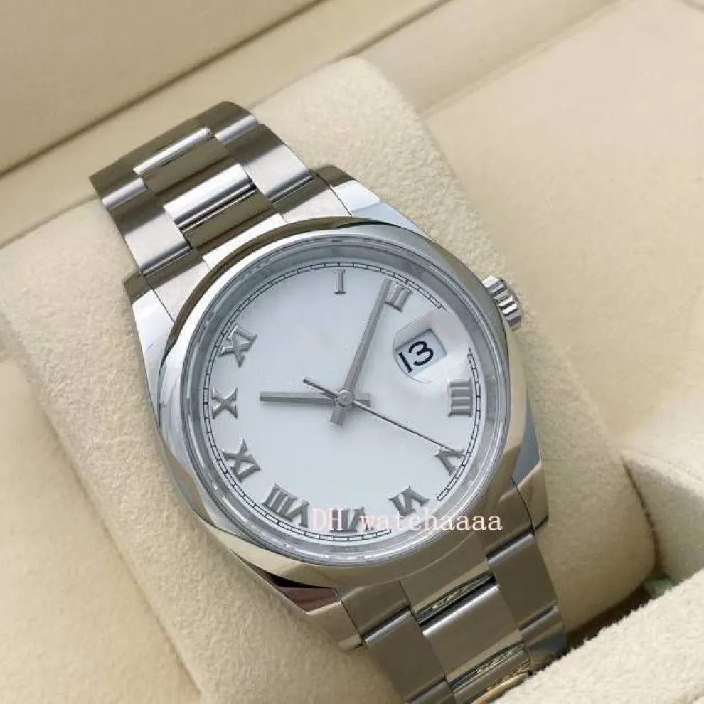 36 Rostfritt stål Vitt sifferskiva armband Watch 126200 Roman Index Automatisk herrklocka266Z
