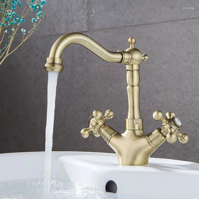 Rubinetti per lavandino del bagno Bronzo antico Rubinetto in ottone retrò europeo Rubinetto per lavabo artistico di alta qualità con foro singolo e doppia maniglia Design originale