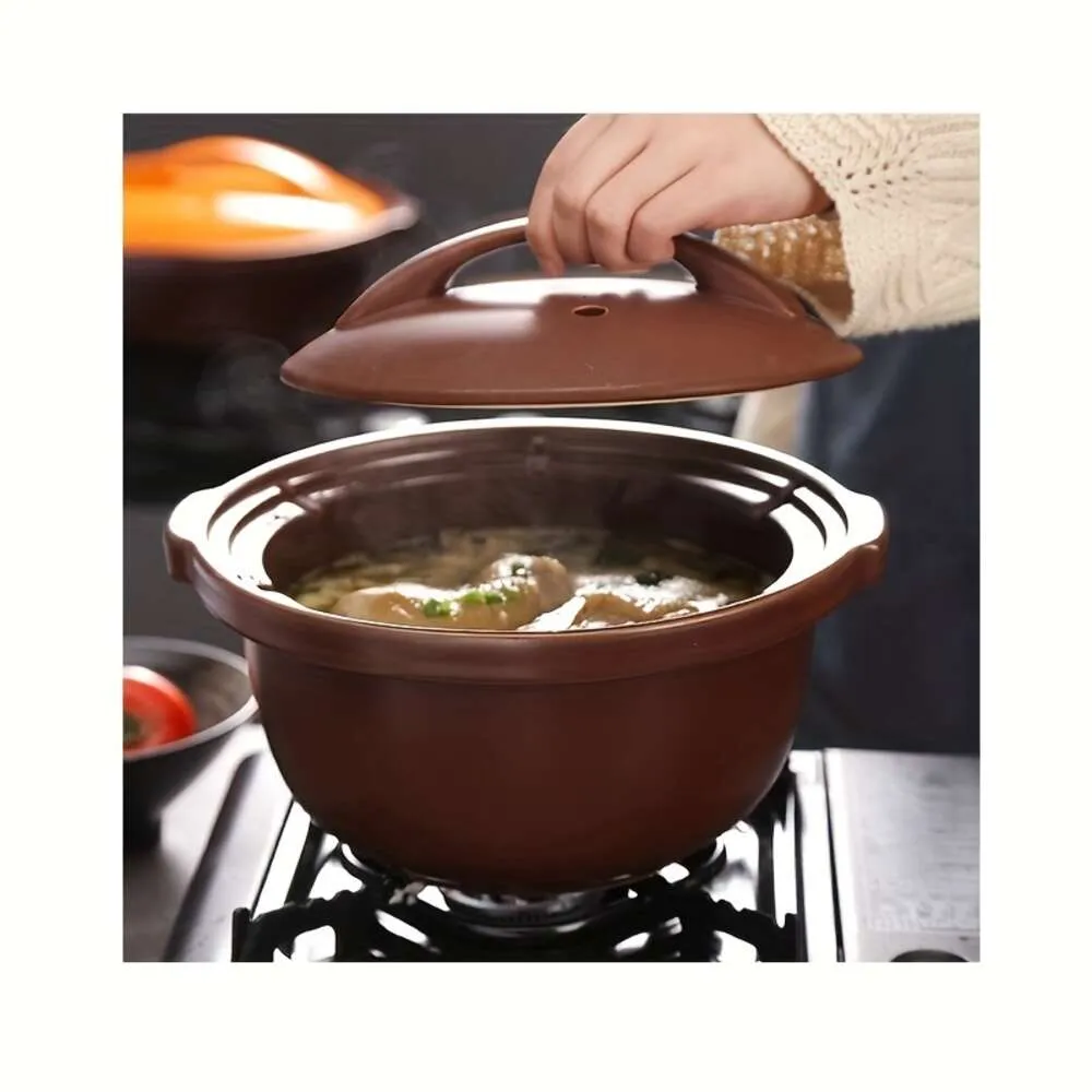 Clay Pot, Casserole with Lid Low for Slow Cooker Ceramic Soup Pot - High Temperature Resistant Pan, Kitchen Supplies, Cookware