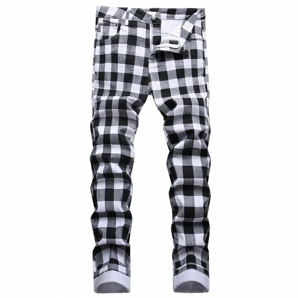 men's Black and White Plaid Printed Jeans Fi Check Digital Print Slim Straight Pants Stretch Trousers Y4Wt#