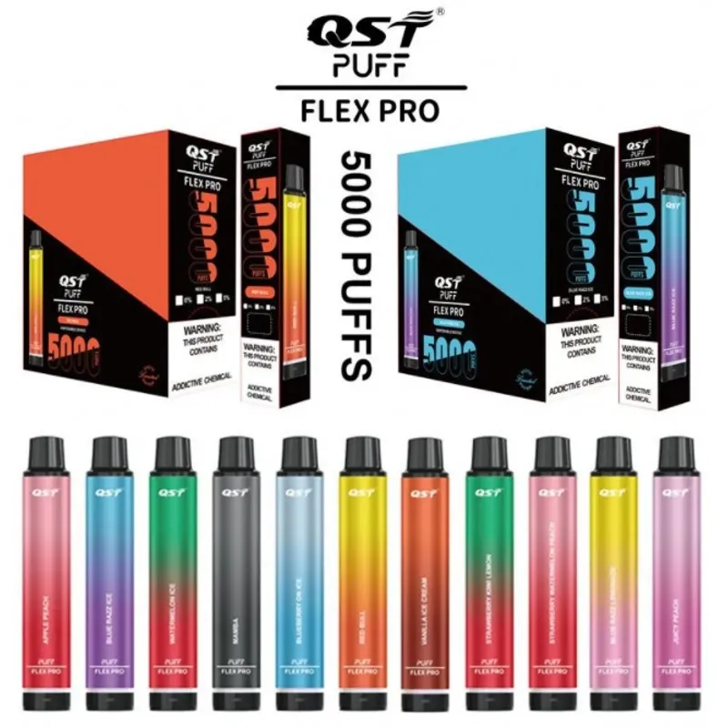 Original QST Puff Flex Pro 5000 Puffs Recarregável Descartável Vape Pen E Cigarro Vape Dispositivo 15 Sabores 550mAh Bateria 7.6ml Cartucho Starter Kit