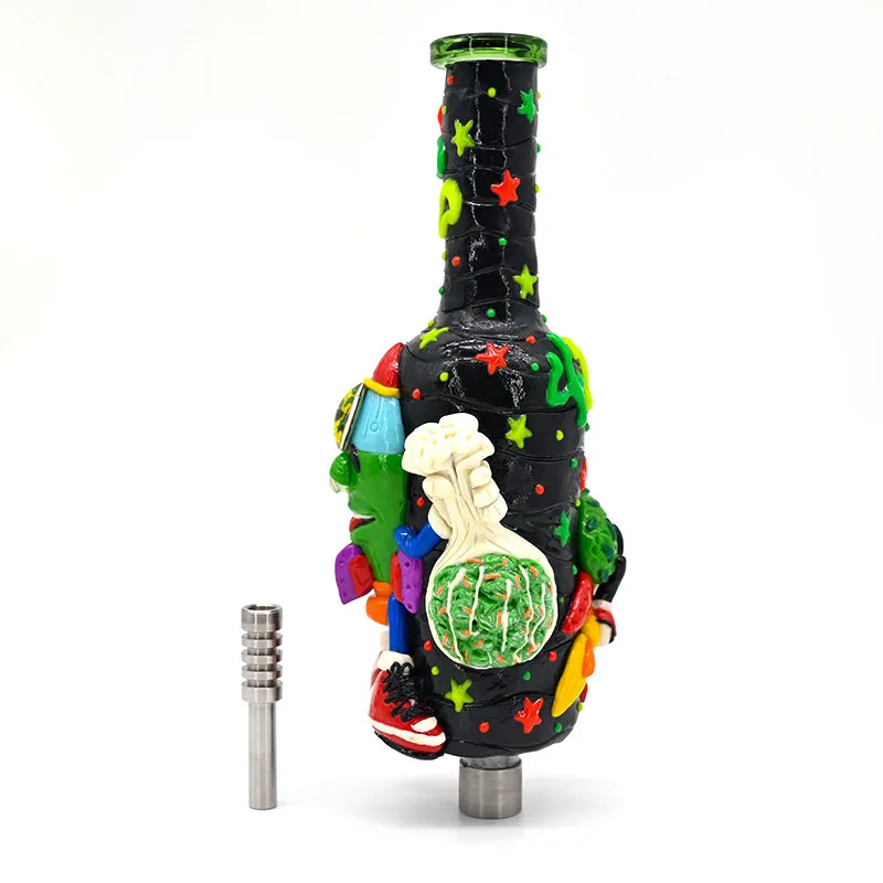 10in,Glass Bong With Cartoon 420 Rocket,Glow In Dark,Borosilicate Glass Water Pipe With One Percolator,Nectar Collector Glass Colorful NC Kit,Smoking Accessaries