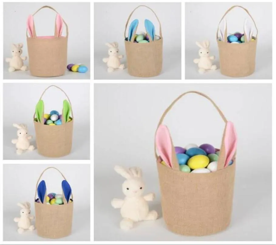 Easter Bunny Basket Jute Rabbit Ear emmer Easter Diy Eggs Tas Tote Creative Candy Gift Handtas Cartoon Cute Round Festival Canvas7184395