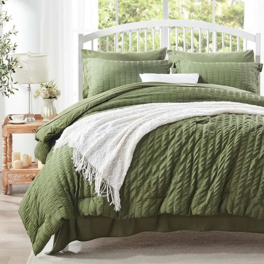 7-teiliges großes Set, olivgrünes Kimchi-Bett, mit Daunendecke und Bettwäsche, Ganzjahres-Bettwäsche-Set