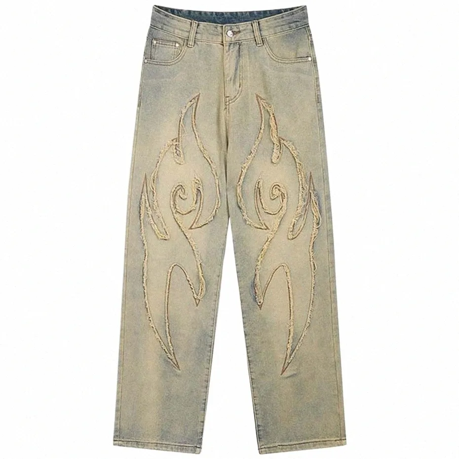 Streetwear Vintage Blue Dżinsy Mężczyźni patchwork haft luźne proste dżinsowe spodnie harajuku hip hop dżinsy spodnie dla mężczyzn p66q#