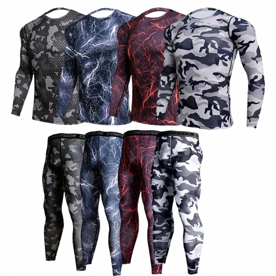 2ピーストラックスーツの男性Compri Mma Lg Sleeve T Shirt rgard Kit Camoueスウェットシャツ+レギンスフィットンサーマルアンダーウェア＃＃