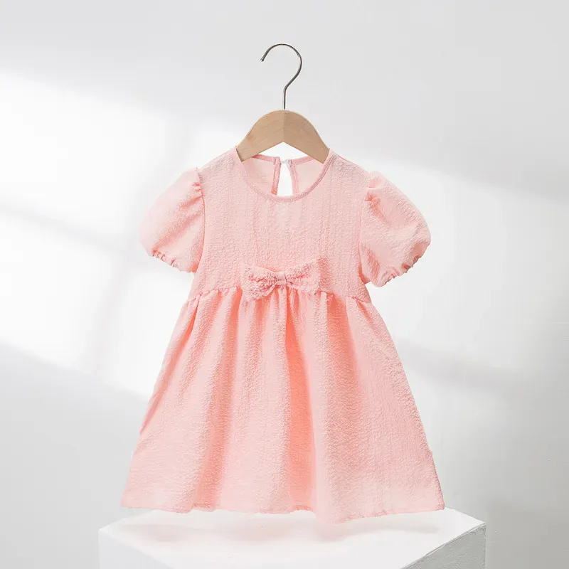 Summer Kids Girls Bow Dress Puff Sleeve Macaron Color Children Princess Dresses Clothes M4146