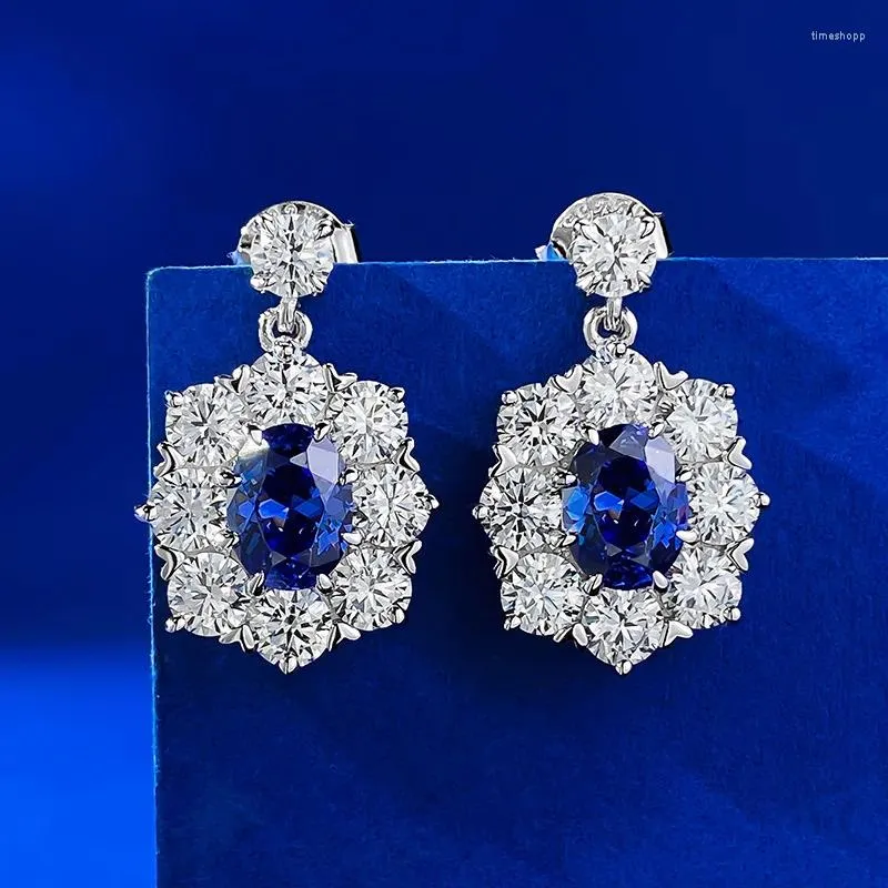 Pendientes SpringLady Plata de ley 925 6 8 MM Zafiro ovalado Diamante con alto contenido de carbono Piedra preciosa Gota brillante para mujeres Studs Joyería