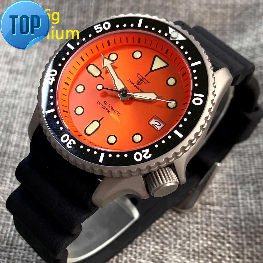 Tandorio Orologio in titanio per uomo Arancione SKX 3.8 Diver Orologi meccanici 20bar Impermeabile Lusso Genuino NH35 Orologio sportivo Rejor