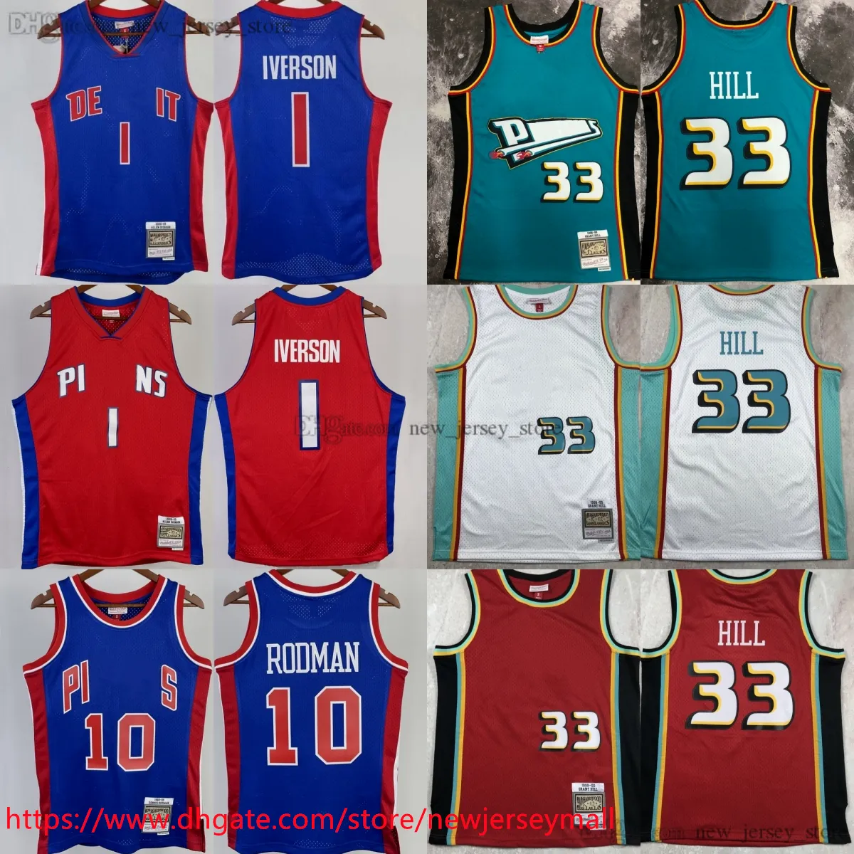 Wydrukowane klasyczne retro 1998-99 Basketball 33 Grant Hill Jersey Vintage 2008-09 Blue Red 1 Allen Iverson koszulki oddychające 10 Dennis Rodman For Man