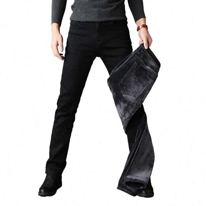 2024 MĘŻCZYZN FI Zimowe dżinsy czarne kolor Slim Fit Gruby Veet Spodnie ciepłe dżinsowe spodnie polarowe