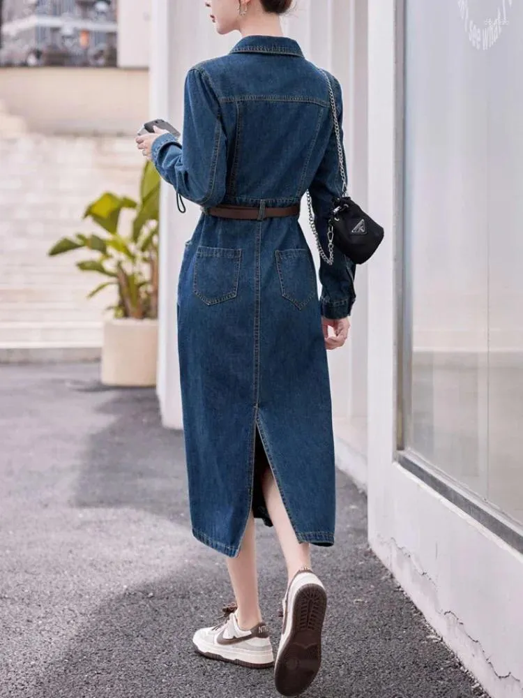 ●Sinoon● Shirt Long Dress★韓国の人気★Best item Ladies Long Denim Dress: Korean Style A Line Jean Shirt