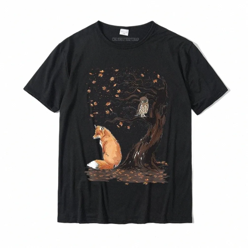Renard et hibou sur l'arbre amoureux des animaux mignon feuilles d'automne T-Shirt Cott hommes hauts t-shirts Fitn serré t-shirts fête flambant neuf D8t7 #