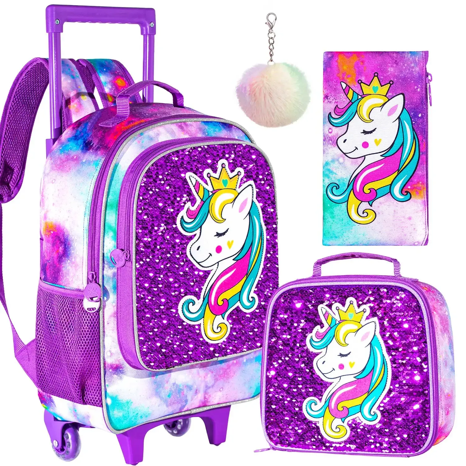 Bags 3PCS Rolling Backpack for Girls Kids Roller Wheels Bookbag with Lunch Bag Sleeping Unicorn Pattern Design Glowinthedark Funct