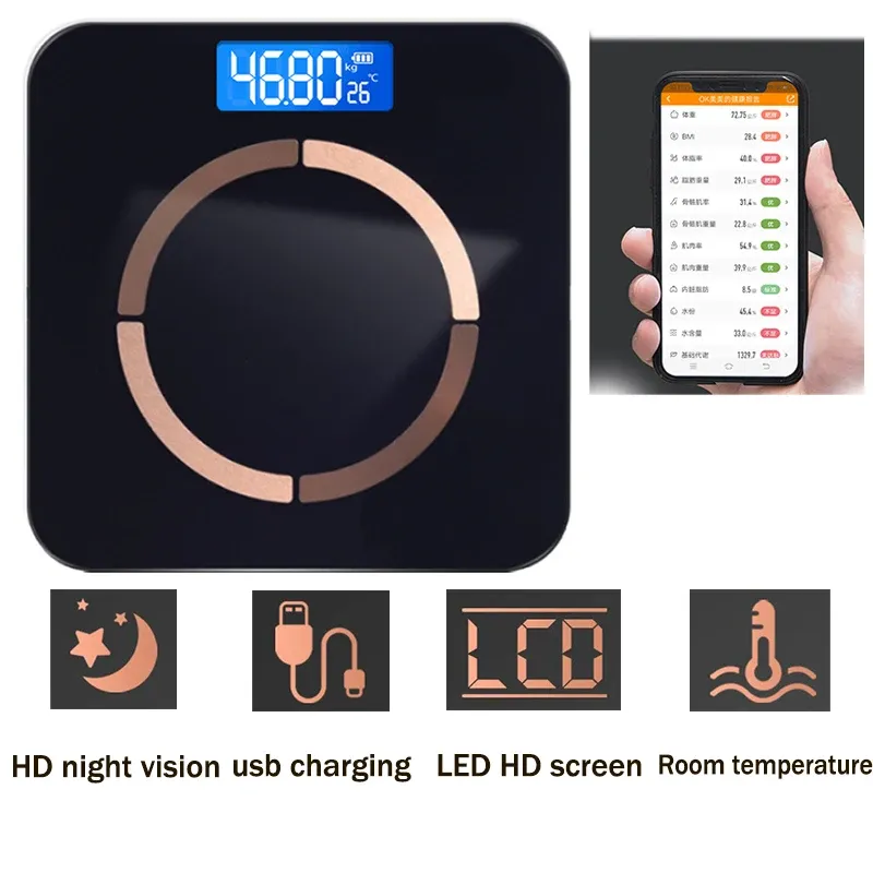 Balances Balance de poids de charge USB Balance de graisse corporelle intelligente Bluetooth balance électronique d'ingrédients musculaires outil de mesure de graisse App balances de sol