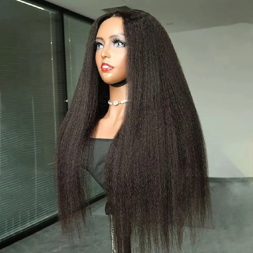 Yaki 26Inch 180%Density Black Kinky Straight 13x4x1 Lace Front Wigs for Women with Baby Hair Synthetic Fiber Daily Wear Wigs