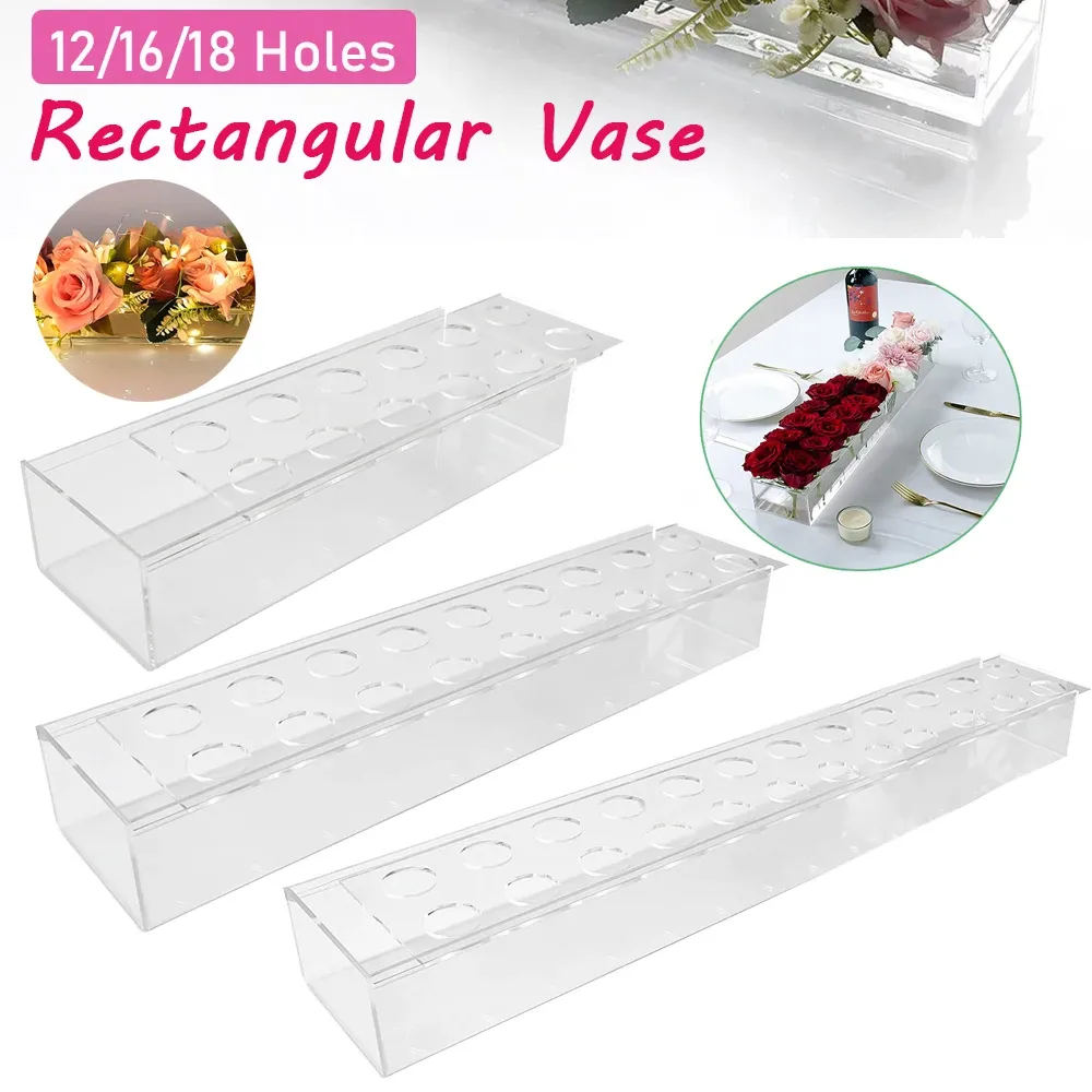 Vasos transparente acrílico longo vaso de flor claro vaso retangular para mesa de jantar casa decoração de casamento rosa caixa de presente com luz