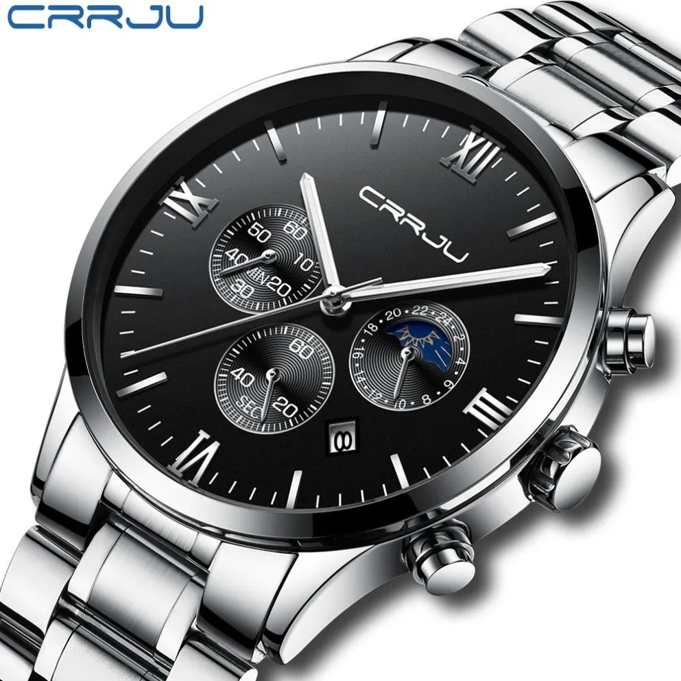 Relogio Masculino Crrju Men Luxury Full Steel Watchesファッションスポーツクォーツミリタリードレスウォッチ男性明るい防水時計242V