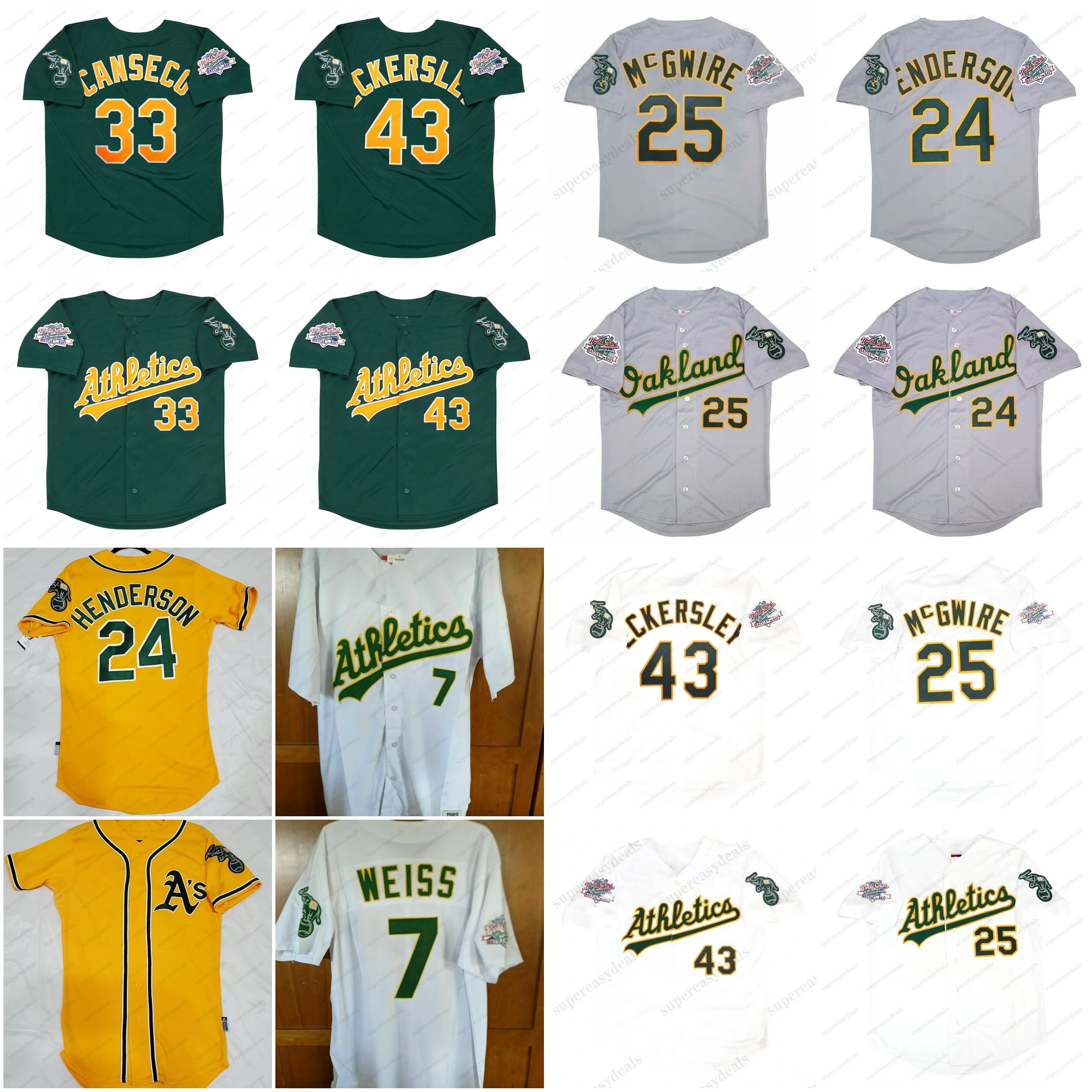 Oakland 1989 world series Athletics Jersey WEiss 24 Rickey Henderson 25  McGwire 33 Canseco STEWART Henderson 43 Eckersley