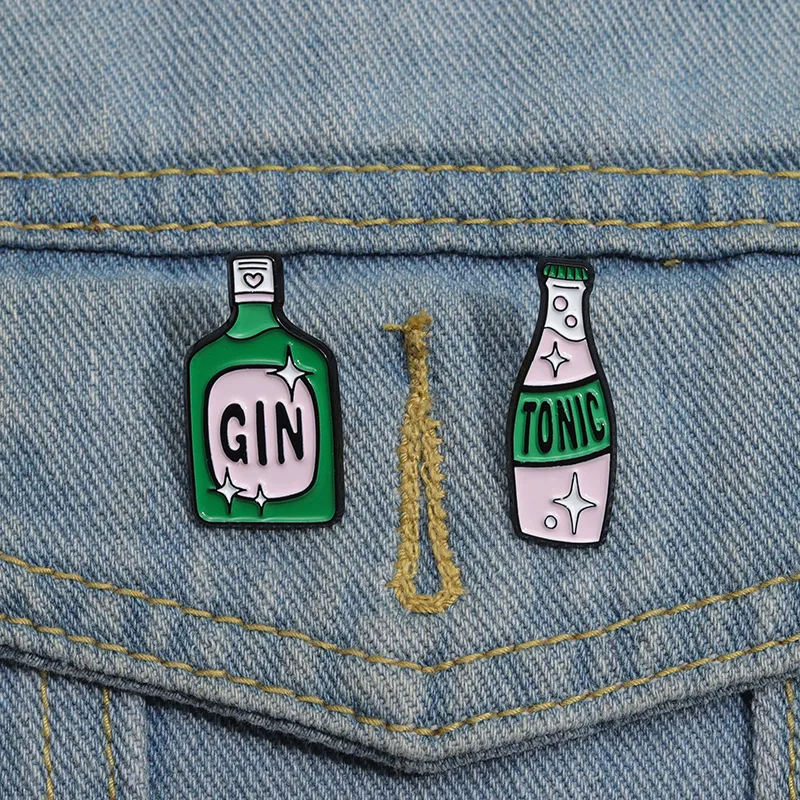 Wine Bottle Enamel Pins Custom GIN TONIC Brooches Lapel Badges Cartoon Funny Jewelry Gift for Friends