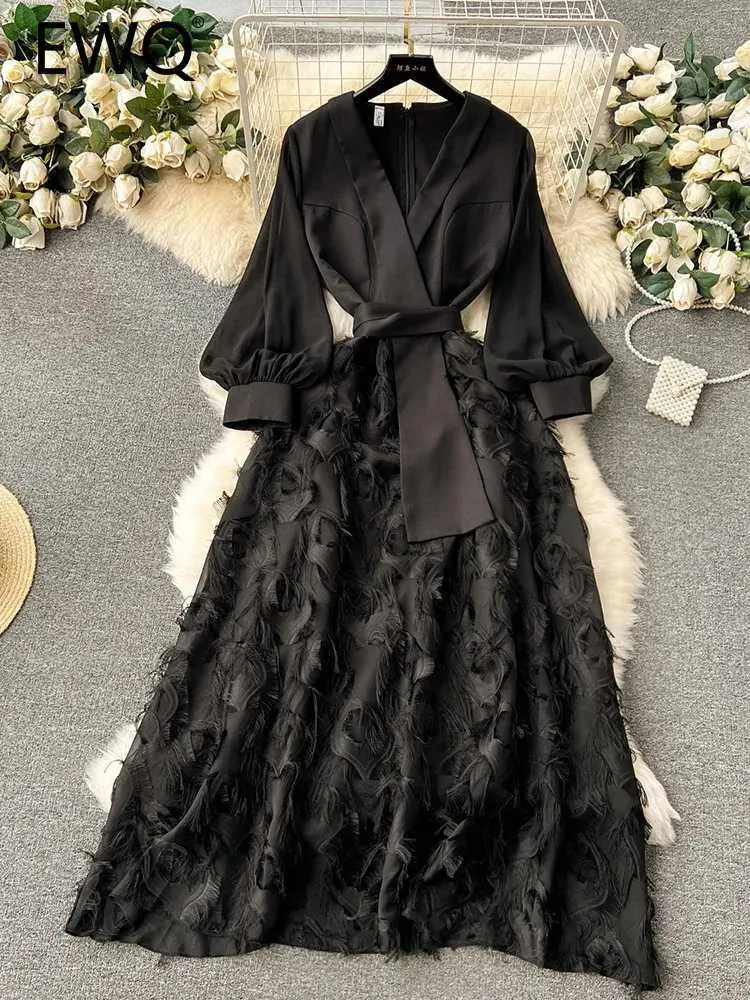 Grundlegende Freizeitkleider EWQ Süßes Damenkleid Puff Long Sle Fake Zweiteiliges Patchwork Hohe Taille A-Linie Vestidos Winter Frühling 2024 Neu SN5151C24315