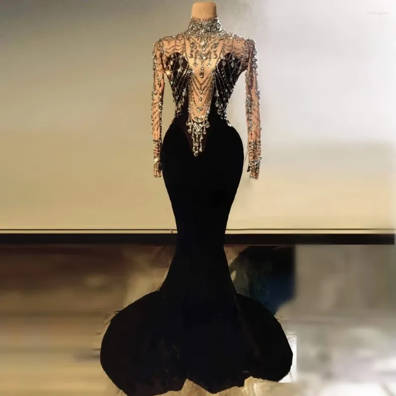 Casual klänningar högkvalitativ elegant svart sammet sjöjungfru klänning som lyser kristall sexig kväll lång prom klubbfestdräkt kostymer