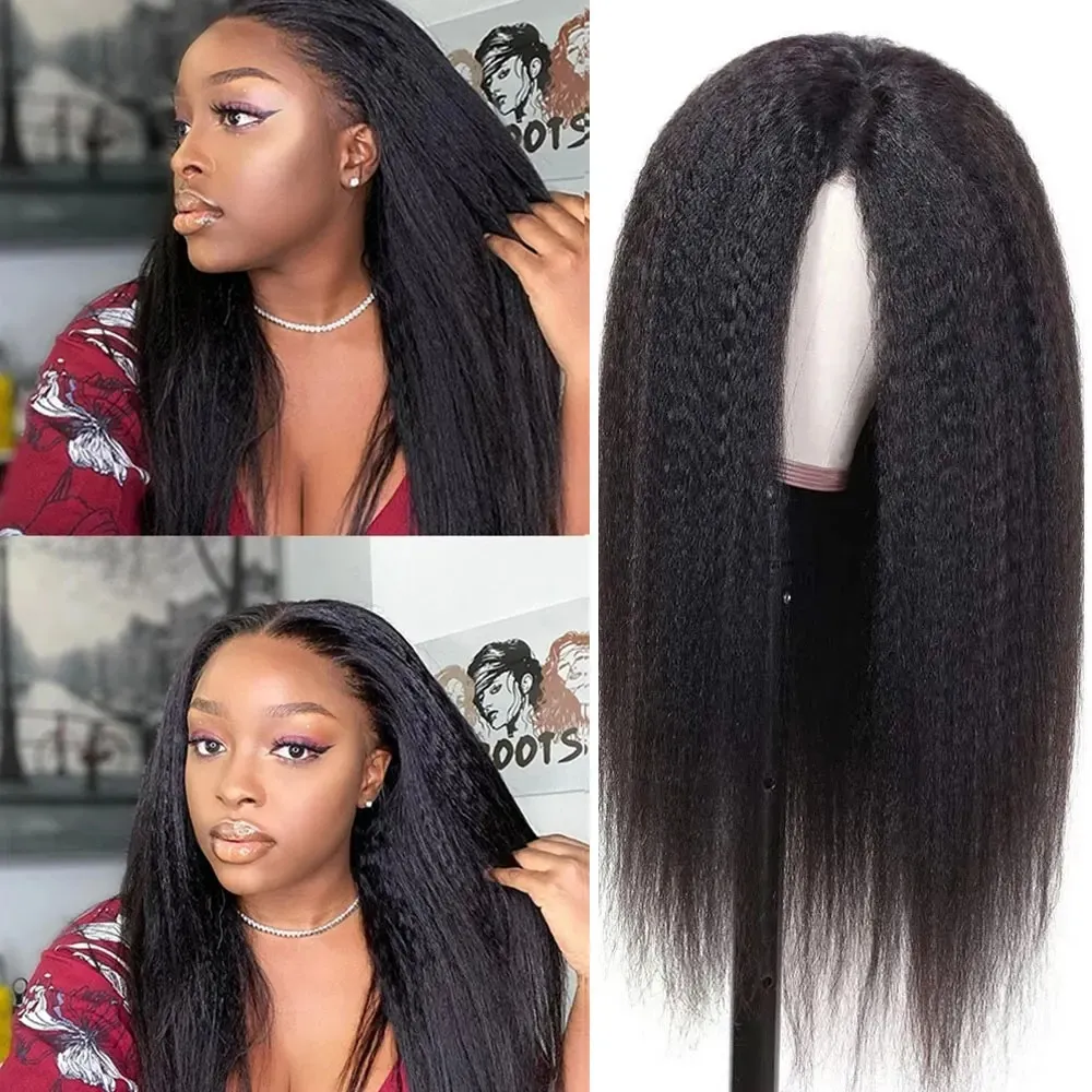 Glueless Long Kinky Straight Wigs for Women Middle Part Wigs 10-30 Inch Yaki Straight Wigs Synthetic Hair Daily Party Wigs