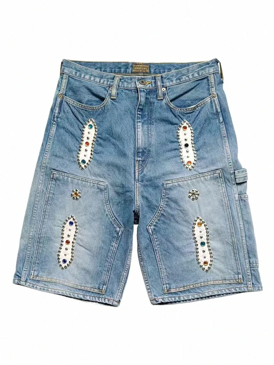 Kapital N Hirata Hohiro Cott Kralen Denim Heren Shorts Losse Ontspannen Korte Broek Vrouwen Casual Jean p5fR #