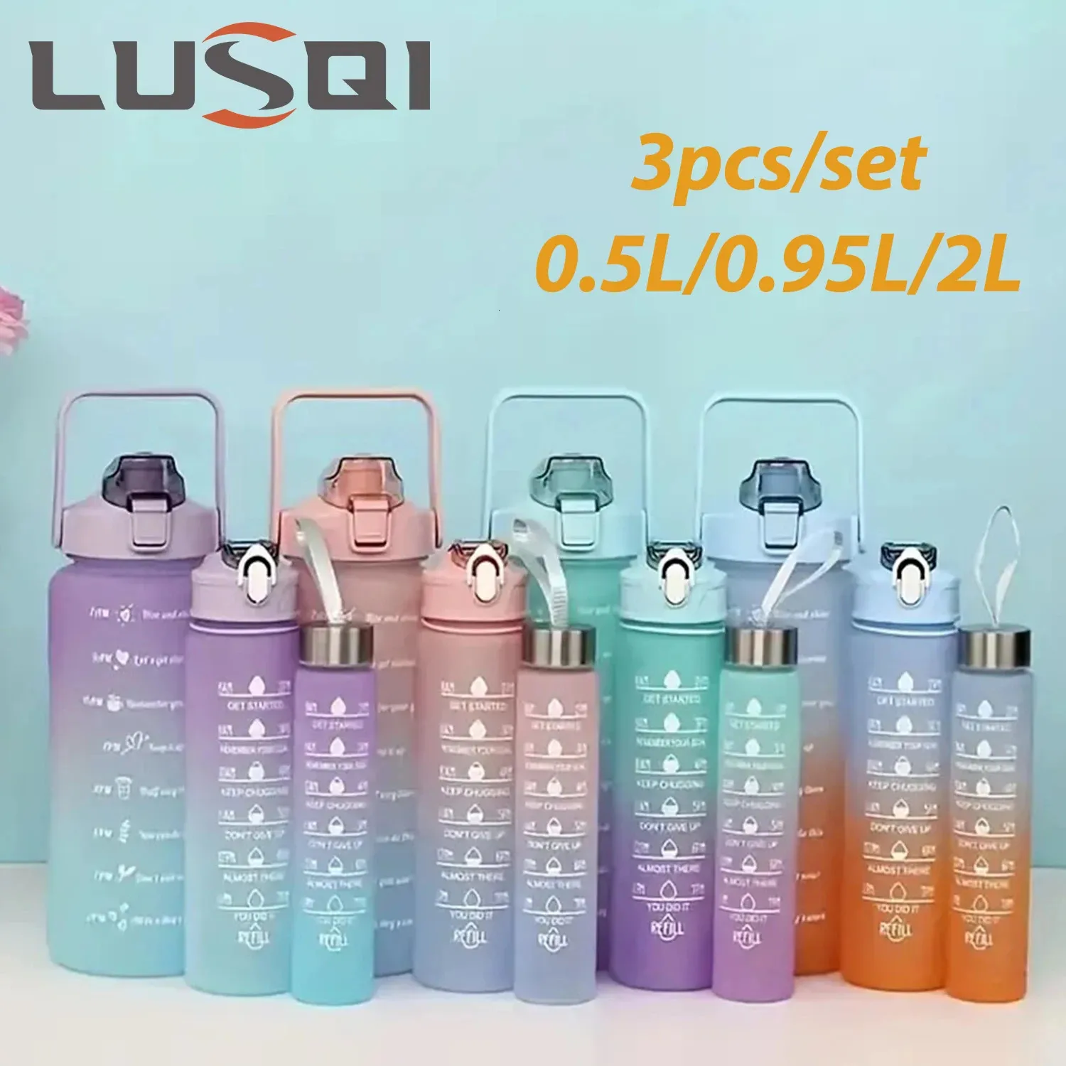 LUSQI 3pcsset Sports Water Bottle Leakproof Motivational With Straw And Time Marker Gradient Color Plastic Cup BPA Free 240325