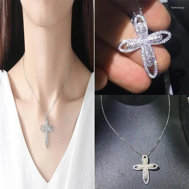 Naszyjniki wiszące Bling Cross Naszyjnik z CZ Stone luksusowe akcesoria weselne damskie codzienne noszenie moda wszechstronna biżuteria