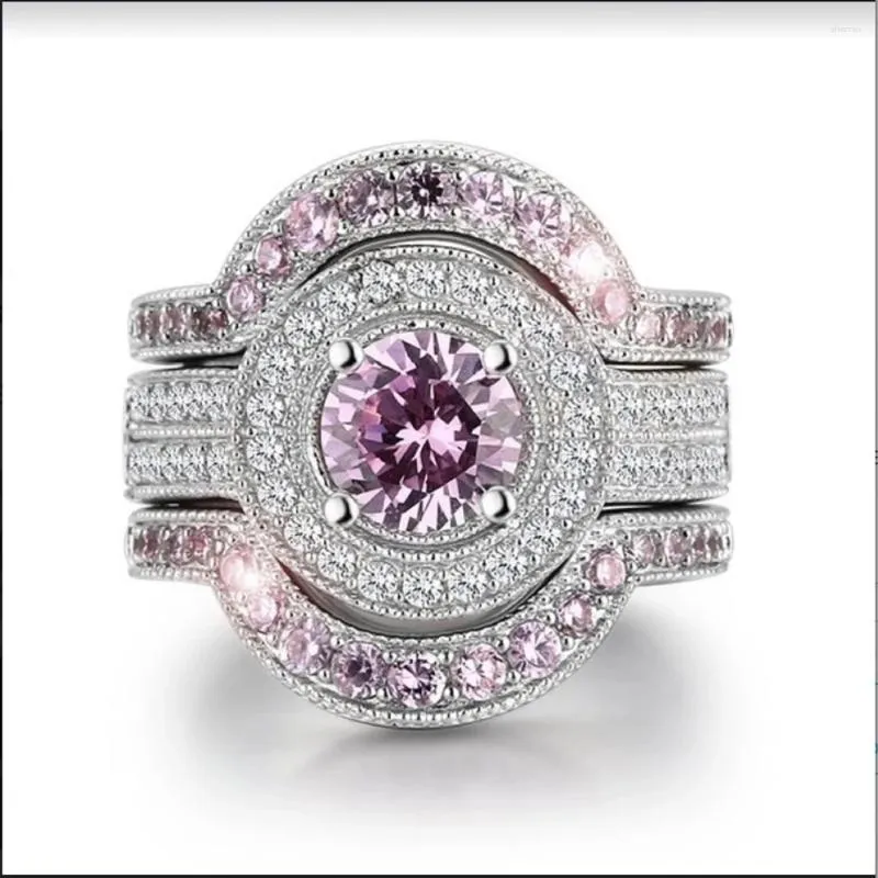 Anéis de cluster 3 pçs / set luxo rosa cristal anel de noivado cor prata branco zircônia cúbica casamento para mulheres jóias anillos mujer