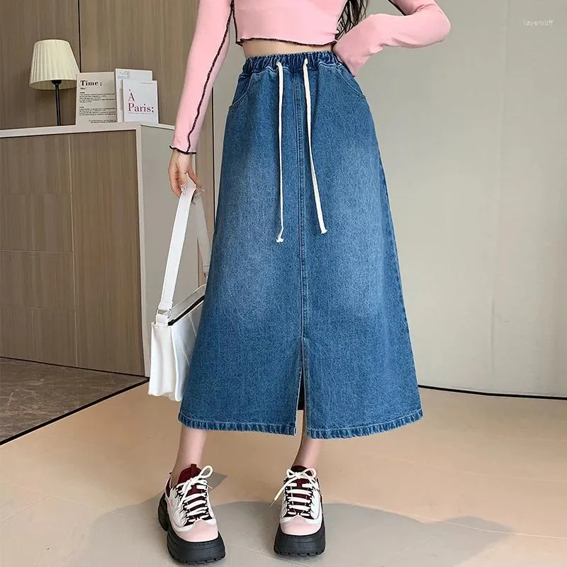 Skirts 2024 Arrival Spring Summer Women All-matched Casual Loose Fit Cotton Denim Elastic Waist Mid-calf Straight Skirt V867