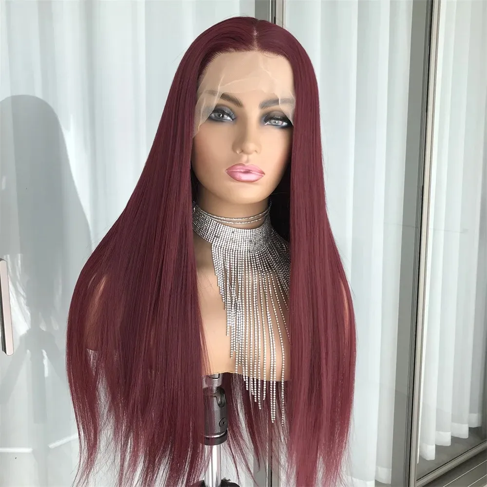 Perruque Lace Wig synthétique lisse sans colle bordeaux 99J, perruque Lace Wig pre-plucked résistante à la chaleur avec Baby Hair pour femmes